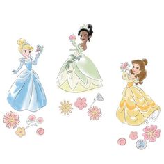 three princesses in dresses with flowers and butterflies