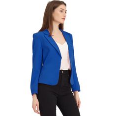 Create a modern sleek look even at the office with this stunning cropped blazer jacket. This smart collarless blazer features an angled hem which is shorter in the back for a fashionably cool look. An open-front design for showing your amazing top inside. The jacket offers a versatile piece for effortless layering looks. Pair it with jeans and sneakers for a casual look. Filled with contemporary takes on classic summer prints, great for office and causal wear, both professional and fashionable. Professional Structured Office Blazer, Blue Office Blazer, Sleek Cropped Jacket For Work, Chic Blue Cropped Jacket For Work, Tailored Notch Lapel Cropped Jacket For Office, Elegant Blue Cropped Jacket For Work, Crop Suit, Collarless Blazer, Cropped Blazer Jacket