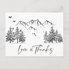 a thank card with trees and mountains in the background that says,'thank you '