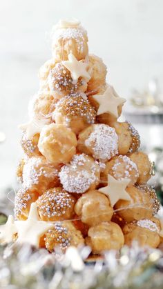 a small christmas tree made out of donuts