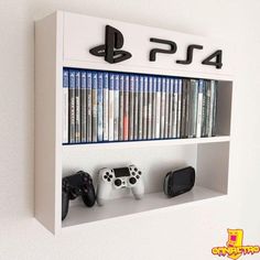 there is a video game shelf on the wall