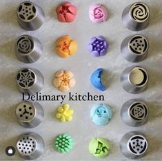 eight different types of cookie cutters on a white counter top with the words delmary kitchen written above them