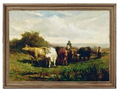 a painting of cattle and people in a field