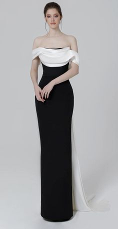 Black And White Gown Elegant Classy, Elegant Dresses Evening Classy, Luxury Black Satin Elegant Dress, Chic Black Satin Gown, Elegant Black Satin Finish Gown, Black And White Dress Classy Elegant, Black Fitted Evening Dress With Pre-draped Style, Black Gown Elegant Classy, Black And White Dress Classy