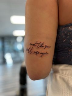 Spotted Sleeve Tattoo Women, Sun With Words Tattoo, No Rain No Flowers Tattoo Above Knee, Womens Sun Tattoo, Beautiful Quotes For Tattoos, Till You Can’t Tattoo, Where Ever When Ever Tattoo, Inner Elbow Tattoos For Women Quotes, Tatoos Meaningful Mental Health