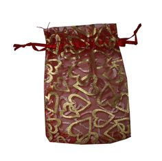 a red bag with gold letters on it