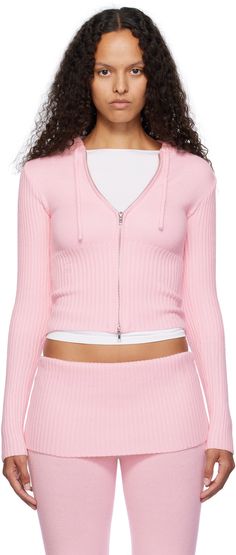 Knit acrylic-blend hoodie. · Rib-knit hood, hem, and sleeves · Drawstring at hood · Two-way zip closure · Logo embroidered at hem Supplier color: Cozy pink Spring Sweater With Drawstring Hood, Spring Stretch Sweater With Drawstring Hood, Spring Knit Hoodie With Ribbed Cuffs, Fitted Knit Hoodie, Fitted Knit Hooded Hoodie, Bikinis Pink, Crochet Hoodie, Hoodie Cozy, Frankies Bikinis