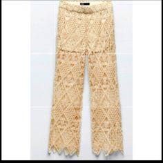 High Waiated Crochet Pant With Elastic Waistband And Interior Lining Matching Vest Is Size Small It Runs Big Casual Spring Bottoms With Crochet Lace, Summer Bottoms With Lace Trim And Non-stretch Fit, Beige Lace Bottoms For Spring, Spring Party Pants With Lace Trim, Spring Lace Beige Bottoms, Spring Beige Lace Bottoms, Summer Lace Pants With Lace Trim, Chic Spring Pants With Lace Trim, Chic Pants With Lace Trim For Spring