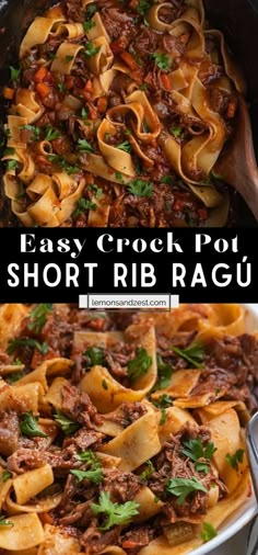 an easy crock pot short rib ragu with beef and parsley in it