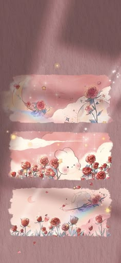 two different images of flowers and clouds in the sky, with one being painted pink