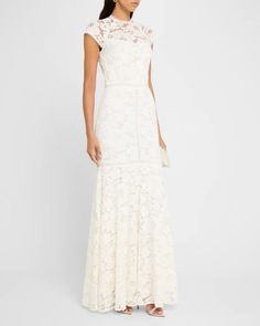 Shoshanna Cap-Sleeve Floral Lace Gown | Neiman Marcus Trumpet Silhouette, Rehearsal Dinner Dresses, Jewel Neckline, Guipure Lace, Lace Gown, Swimwear Collection, Floral Lace, Gowns Dresses, Cap Sleeves