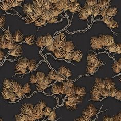 a black background with gold leaves and branches