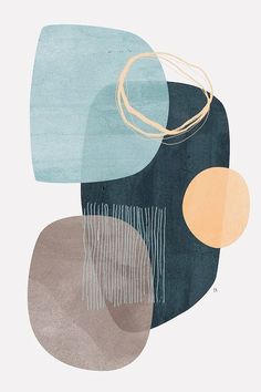 an abstract painting with circles and lines in blue, green, beige and grey colors