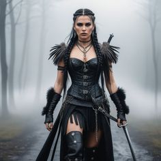 a woman dressed in black holding two swords