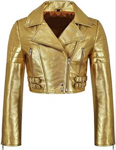 Bold golden biker jacket with a cropped fit and real leather construction, sleek, edgy motorcycle-inspired look. Free shipping on all leather studded jackets Premium Shiny Golden Leather: Crafted from top-quality real leather with a radiant golden finish, offering durability and a luxurious feel. Motorcycle Style: Features iconic elements like an asymmetrical front zipper, wide notched lapels, and shoulder epaulets for a classic biker look with a modern twist. Cropped Fit: Short, body-hugging de Leather Crop Jacket, Ropa Upcycling, Dyt Type 1, Lambskin Jacket, Studded Leather Jacket, Metallic Shorts, Mens Leather Pants, Real Leather Bags, Cowhide Rugs