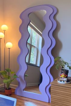 Layered wavy mirror in lavender. Spring home decor. Modern home decor. Purple Room Decor Aesthetic, Lilac Furniture, Pastel Purple Room Ideas, Room Decor Purple, Lavender Bedroom Aesthetic, Purple Aesthetic Room Ideas, Purple Room Ideas Bedrooms, Dream Room Ideas, Squiggle Mirror Full Body