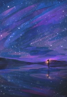 a person standing in the water under a purple and blue sky with stars above them