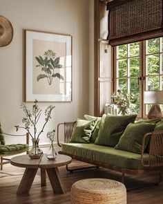 a living room with wicker furniture and plants in vases on the coffee table