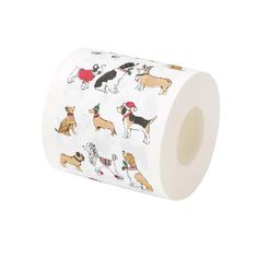 a roll of toilet paper with dogs and christmas decorations on the front, white background