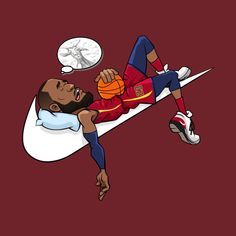 a man laying on top of a bed with a basketball in his hand and an empty thought bubble above him