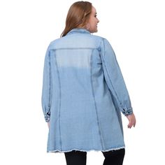 Featuring a button closure, this jacket can be easily worn open or closed to suit your style. Designed in a boyfriend style, this jacket is a versatile piece that can be paired with leggings and skirts for a fashionable outfit. The soft denim fabric not only provides warmth but also extenuates the waistline for a flattering look. This long denim jacket showcases a loose fit, stand collar, and chest pockets. The long sleeves are embellished with frayed details, adding a trendy touch to your ensem Light Wash Outerwear With Button Closure For Spring, Casual Chambray Denim Jacket For Spring, Light Wash Long Sleeve Washed Outerwear, Spring Light Wash Relaxed Outerwear, Spring Light Wash Relaxed Fit Outerwear, Spring Outerwear With Button Closure In Medium Wash, Spring Medium Wash Outerwear With Button Closure, Spring Chambray Denim Jacket With Button Closure, Light Wash Relaxed Fit Outerwear For Spring