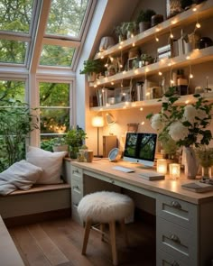 a home office with lots of plants and lights on the shelves, along with a window seat