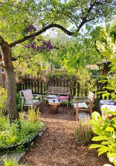 an outdoor seating area in the middle of a garden with lots of plants and trees