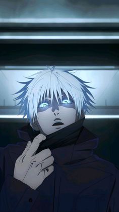 an anime character with white hair and blue eyes