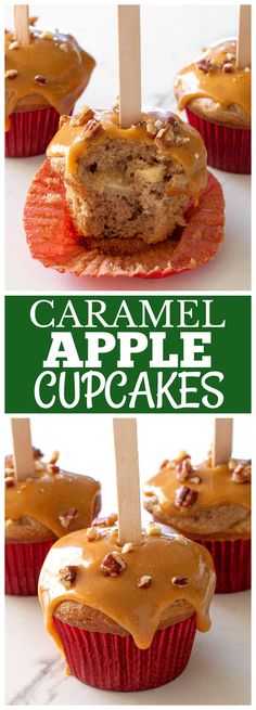 caramel apple cupcakes with apples on top