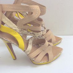 Snake Skin Print Leather Lining Some Sign Of Wear Never Worn Yellow Sandals With 4-inch Heel For Summer, Yellow Pointed Toe Sandals For Summer, Yellow Pointed Toe Sandals For Spring, Spring Yellow Pointed Toe Sandals, Yellow Pointed Toe Sandals With Padded Heel, Yellow Sandals With Padded Heel And Pointed Toe, Yellow Heels With Heel Strap For Summer, Spring Yellow Heels With 4-inch Heel, Yellow Heels With 4-inch Heel For Spring