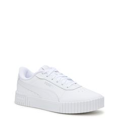 Make your athleisure wear stand out with these women's Puma Carina 2. 0 white fashion athletic shoes. Featuring leather and synthetic leather upper with recycled materials, these lace-up sneakers have soft textile lining, SoftFoam+ sockliner offering optimal cushioning and comfort, supportive rubber midsole and durable rubber outsole. | Puma Women's Carina 2. 0 Sneaker in White Size 5. 5 Medium Puma Carina Sneaker, Womens Puma Sneakers, Puma Shoes Women White, Puma White Sneakers, Women’s Puma Sneakers, Fashion Athletic Shoes, Puma Shoes Women, White Puma Sneakers, Puma Carina