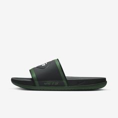 Cheer your team to victory in comfort with the Nike Offcourt (NFL New York Jets) Slide. A cushy synthetic leather strap features your team’s logo, while an innovative foam midsole makes this slide so comfy, you’ll never want to take it off. Nfl Shoes, Slides Nike, Green Flip Flops, S Logo, Plush Fabric, New York Jets, Synthetic Leather, Team Logo, Victorious