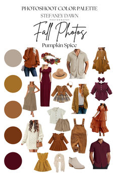 Vibrant fall color palette with orange, brown, and cream hues. Orange Fall Family Pictures Outfits, Fall Photoshoot Outfits For Couples, Color Schemes For Photo Shoots, Fall Family Color Scheme, Family Photo Outfits Fall Color Schemes, Fall Family Photo Color Scheme Outdoor, Family Photoshoot Outfits Color Schemes, Fall Outfits Family Photoshoot, Fall Color Palette For Family Pictures