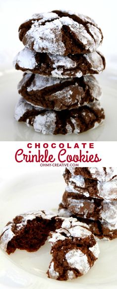 chocolate crinkle cookies are stacked on top of each other with powdered sugar