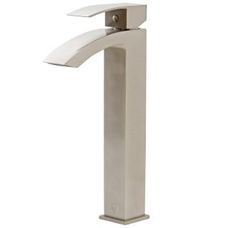 a white bathroom sink faucet with chrome finish