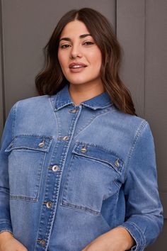 Designed with a casual-cool style, this textured denim jacket offers plenty of freedom with a relaxed fit and stretch-enhanced comfort. The functional patch pockets on the chest provide practicality, while the embroidered details at the border give it a unique finish. Available in Plus Style: 5666O-5132-2129 Casual Denim Jacket With Side Pockets, Casual Denim Outerwear With Side Pockets, Casual Long Sleeve Denim Jacket With Multiple Pockets, Medium Wash Denim Utility Jacket With Patch Pockets, Casual Denim Blue Jacket With Patch Pockets, Everyday Medium Wash Denim Top With Pockets, Casual Denim Jacket With Patch Pockets, Casual Denim Utility Jacket With Pockets, Casual Medium Wash Outerwear With Patch Pockets