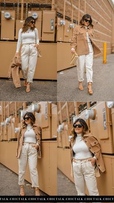 Looking for a casual and chic outfit to wear this fall? CHIC TALK shares this this neutral casual look with white denim and a tan shacket. This look is perfect for a casual fall date night or dinner party. Follow for more women's autumns outfit, style guides, and fashion trends. Fall Date Night, Fall Chic