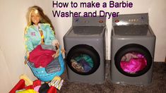 a doll sitting next to a washer and dryer with clothes in the front