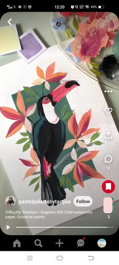 an image of a bird painted on paper next to flowers and watercolor pencils