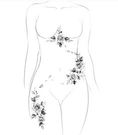 a drawing of a woman's body with flowers on the chest and back side