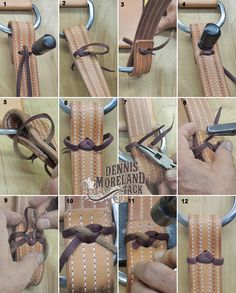 the instructions for how to make a leather belt with ribbon and buttons on it are shown