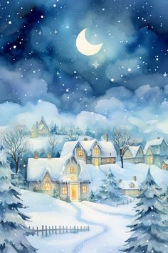 a painting of a snowy night with houses and trees