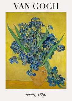 a painting of blue flowers in a vase on a yellow background with the words iris written below it