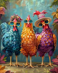 three colorful chickens wearing sunglasses and hats