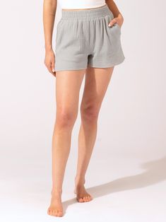 Made from 100% Organic Cotton, our Gauze collection is sustainable & soft. The Alayna short features a wide stretchy waistband. Versatile Summer Shorts For Loungewear, Versatile Spring Loungewear Shorts, Loungewear Bottoms With Elastic Waistband And Short Inseam, Lightweight Relaxed Fit Summer Bottoms, Versatile Stretch Shorts For Loungewear, Comfortable Shorts With Ribbed Waistband For Spring, Comfortable Short Bottoms For Daywear, Lightweight Relaxed Fit Shorts For Spring, Versatile Shorts For Loungewear