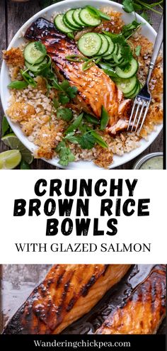 a plate with grilled salmon, rice and cucumber on it is featured in the article crunchy brown rice bowls