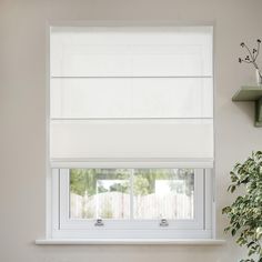 a window with white roman blinds in the corner next to a potted plant and shelf