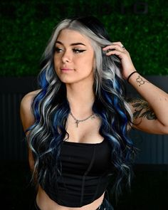 Black N Orange Hair, Brunette With Pastel Highlights, Blue And Blonde Streaks In Brown Hair, Birthday Hair Dye Ideas, Hair Colors That Make Green Eyes Pop, Black Blue And Blonde Hair, Peek A Boo Hair Color Ideas For Blondes, Fantasy Hair Colors, Pastel Hair Colors For Brunettes