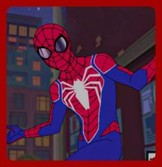 the animated spider - man is standing in front of some buildings