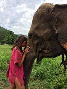 a woman is kissing an elephant with her trunk on it's face in the grass